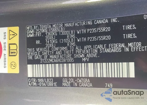 2017 Lexus Rx 350 из США, поврежденный, VIN 2T2ZZMCA6HC081995